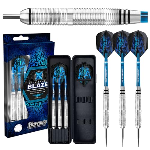 Harrows Blaze INOX Darts | Steeldarts-Set mit Tragetasche | 21g, 22g, 23g & 24g | Enthält Supergrip-Schäfte und 100-Mikron-Marathon-Flights (21g) von Harrows