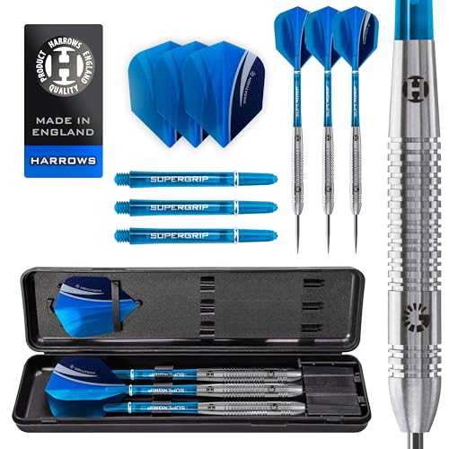 Harrows Genesis Darts-Set mit Wolframstahlspitze, 21 g, 22 g, 23 g, 24 g, 25 g und 26 g – inklusive High Traction Grip Supergrift, Shart Marathon Flights und Reiseetui (21g) von Harrows