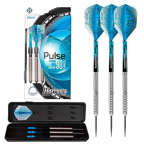 Harrows Pulse 90% Tungsten Darts | Steeldarts-Set mit Tragetasche | 21g, 22g, 23g, 24g, 25g & 26g | Enthält Supergrip Fusion Shafts und 100 Micron Prime Flights (22g) von Harrows