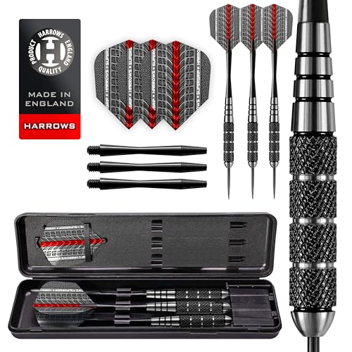 Harrows Black Jack Darts-Set mit Edelstahlspitze, 18 g, 20 g, 22 g und 24 g – inklusive Speedline-Schäften, Supergrip-Flights und Reiseetui (20g) von Harrows