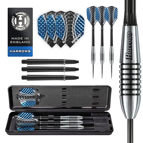 Harrows Bomber Darts-Set mit 85% Wolframstahlspitze, 21 g, 23 g, 25 g und 27 g – inklusive hochwertiger Schäfte, aerodynamischer Flights und Reiseetui von Harrows