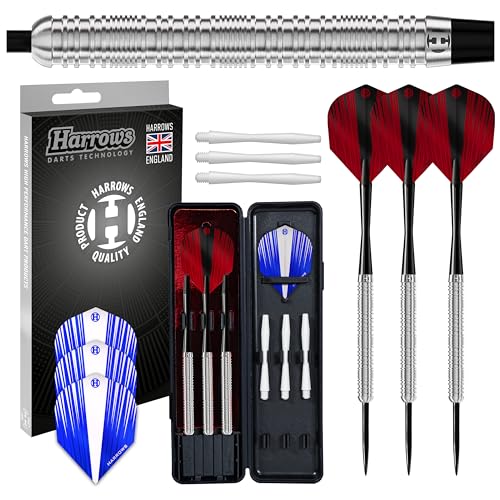 Harrows Neu Calibre 90% Tungsten Steel Tip Darts-Set 21 g, 23 g und 25 g – inklusive Ersatzschäfte, Prime Flights und Reiseetui (23, Gramm) von Harrows