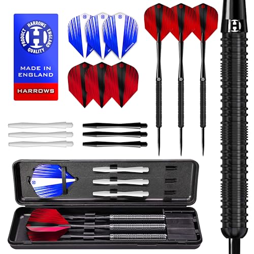 Harrows Caliber 90% Tungsten Steel Tip Darts Set I 21g bis 30g Alle Gewichte verfügbar I Riesiges 16-teiliges Bundle mit Ersatzschäften, Prime Flights & Reiseetui (Schwarz, 30 Gramm) von Harrows