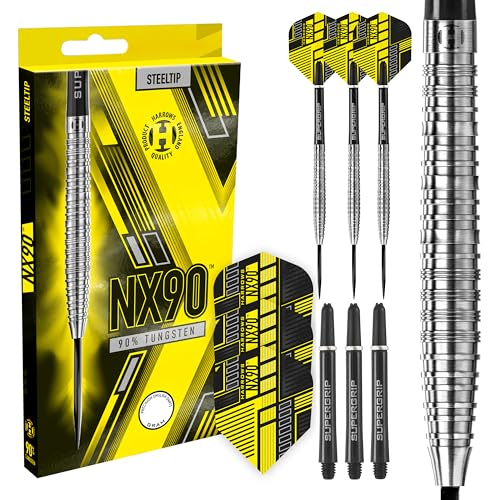 NX90 90% Tungsten Darts | Darts-Set mit Stahlspitze| 21g, 22g, 23g, 24g, 25g & 26g | Enthält Supergrip-Schäfte und 100-Mikron-NX90-Flüge NX90 90% Tungsten Darts | Darts-Set mit Stahlspitze| 21g, 22g, 23g, 24g, 25g & 26g | Enthält Supergrip-Schäfte und 100-Mikron-NX90-Flüge von Harrows