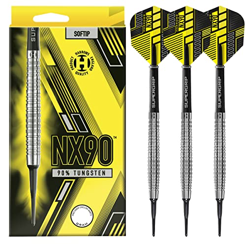 Harrows NX90 Darts-Set mit weicher Spitze, 90% Wolfram, 18 g und 20 g – inklusive schwarzen Supergrip-Midi-Schäften und Micron-NX90-Flights-18g Harrows NX90 Darts-Set mit weicher Spitze, 90% Wolfram, 18 g und 20 g – inklusive schwarzen Supergrip-Midi-Schäften und Micron-NX90-Flights-18g von Harrows