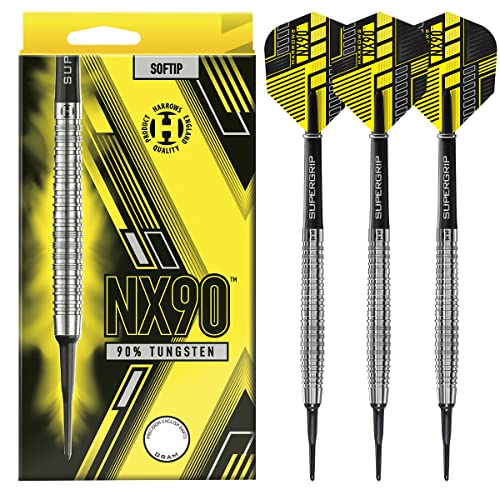 Harrows NX90 Darts-Set mit weicher Spitze, 90% Wolfram, 18 g und 20 g – inklusive schwarzen Supergrip-Midi-Schäften und Micron-NX90-Flights-20g von Harrows