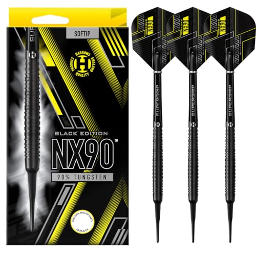 Harrows NX90 Darts-Set mit weicher Spitze, 90% Wolfram, 18 g und 20 g – inklusive schwarzen Supergrip-Midi-Schäften und Micron-NX90-Flights-20g von Harrows