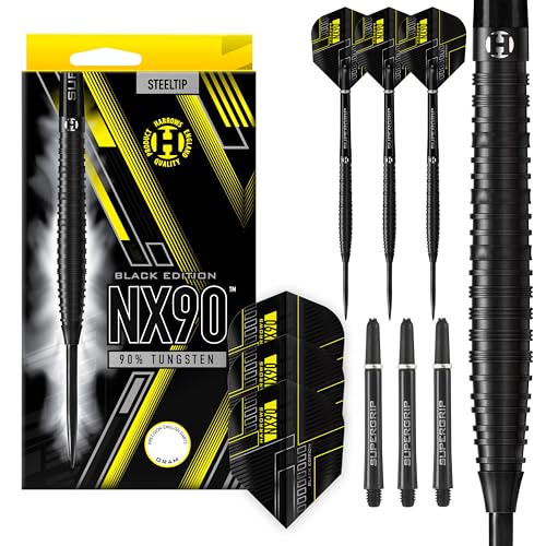 Harrows NX90 Black Edition Darts-Set mit 90% Wolframstahlspitze, 21 g, 22 g, 23 g, 24 g, 25 g und 26 g – inklusive schwarzen Supergrip-Midi-Schäften und Micron-NX90-Flights (21 Grams) Harrows NX90 Black Edition Darts-Set mit 90% Wolframstahlspitze, 21 g, 22 g, 23 g, 24 g, 25 g und 26 g – inklusive schwarzen Supergrip-Midi-Schäften und Micron-NX90-Flights (21 Grams) von Harrows