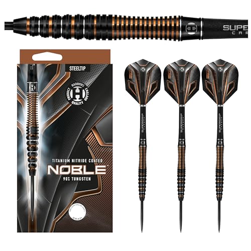 Harrows Noble 90% Tungsten Black Darts | Darts-Set mit Stahlspitze| 21g, 22g, 23g, 24g, 25g & 26g | Enthält Supergrip-Carbonschäfte und 100-Mikron-Noble-Flights (25g) von Harrows