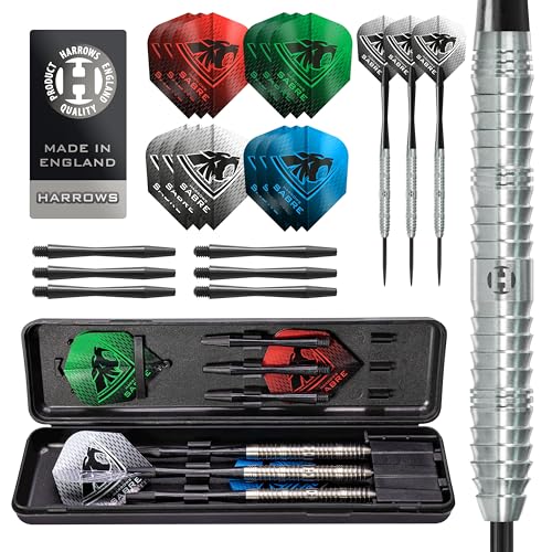 Harrows Sabre Dartpfeil-Set mit 90% Wolframstahlspitze, 21 g bis 26 g, alle Gewichte erhältlich, riesiges 16-teiliges Bündel mit Ersatzschäften, Prime Flights und Reiseetui (22 Grams) von Harrows