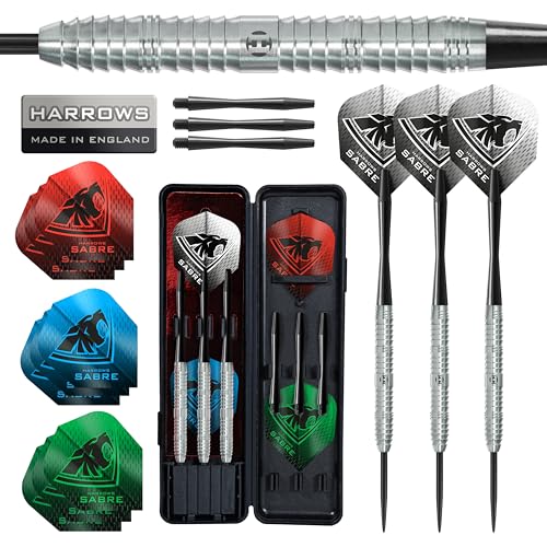 Harrows Sabre Dartpfeil-Set mit 90% Wolframstahlspitze, 21 g bis 26 g, alle Gewichte erhältlich, riesiges 16-teiliges Bündel mit Ersatzschäften, Prime Flights und Reiseetui (23 Grams) Harrows Sabre Dartpfeil-Set mit 90% Wolframstahlspitze, 21 g bis 26 g, alle Gewichte erhältlich, riesiges 16-teiliges Bündel mit Ersatzschäften, Prime Flights und Reiseetui (23 Grams) von Harrows