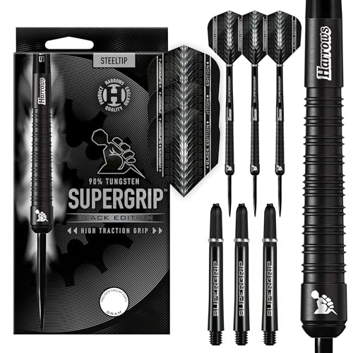 Harrows SUPERGRIP Black Edition Dartset mit 90% Wolframstahlspitze. Erhältlich in 21 g, 22 g, 23 g, 24 g, 25 g, 26 g, 28 g und 30 g – inklusive Supergrip-Schäften und Supergrip-Flights (25G) von Harrows