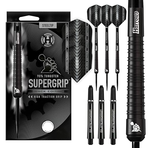 Harrows SUPERGRIP Black Edition Dartset mit 90% Wolframstahlspitze. Erhältlich in 21 g, 22 g, 23 g, 24 g, 25 g, 26 g, 28 g und 30 g – inklusive Supergrip-Schäften und Supergrip-Flights (28G) Harrows SUPERGRIP Black Edition Dartset mit 90% Wolframstahlspitze. Erhältlich in 21 g, 22 g, 23 g, 24 g, 25 g, 26 g, 28 g und 30 g – inklusive Supergrip-Schäften und Supergrip-Flights (28G) von Harrows
