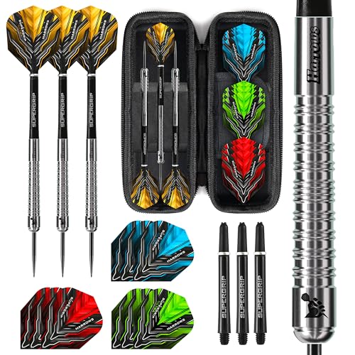 Harrows Supergrip Ultimate Darts-Set mit Wolframstahlspitze, inklusive Blaze-Dart-Etui, 22 g bis 28 g, riesiges 20-teiliges Bündel mit Ersatz-Ultra-Flights, 28 g Harrows Supergrip Ultimate Darts-Set mit Wolframstahlspitze, inklusive Blaze-Dart-Etui, 22 g bis 28 g, riesiges 20-teiliges Bündel mit Ersatz-Ultra-Flights, 28 g von Harrows