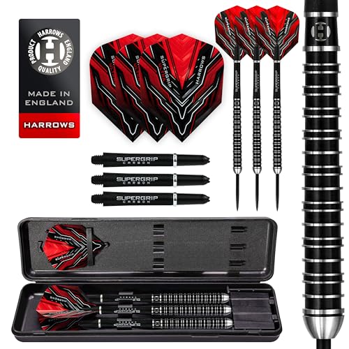 Harrows SUPERGRIP Ultra Darts-Set mit 90% Wolframstahlspitze. Erhältlich in 21 g, 22 g, 23 g, 24 g, 25 g, 26 g, 28 g und 30 g – inklusive Supergrip-Carbonschäfte, Supergrip-Flights (28g) von Harrows