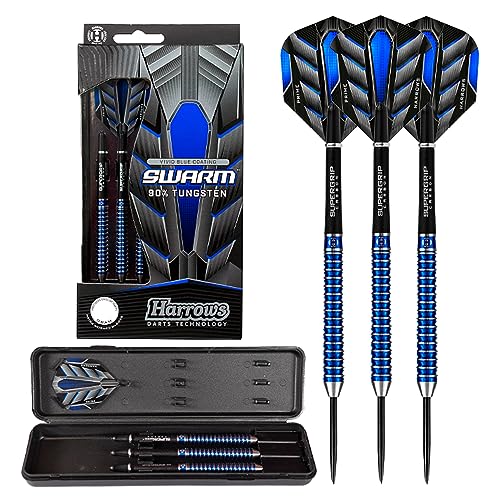 Harrows Swarm Dartpfeile mit 90% Wolframstahlspitze, 21 g, 22 g, 23 g, 24 g, 25 g und 26 g – inklusive silberfarbenen Supergrip-Carbon-Schäften, Prime Flights und Reiseetui von Harrows