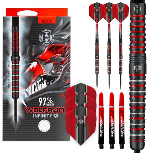 Wolfram Infinity 97% Tungsten Darts | Darts-Set mit Stahlspitze| 21g, 22g, 23g, 24g, 25g & 26g | Enthält Supergrip Fusion Shafts und 100 Micron Prime Flights Wolfram Infinity 97% Tungsten Darts | Darts-Set mit Stahlspitze| 21g, 22g, 23g, 24g, 25g & 26g | Enthält Supergrip Fusion Shafts und 100 Micron Prime Flights von Harrows