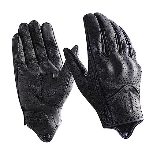 Harssidanzar Herren Motorradhandschuhe Ziegenleder Vollfinger Atmungsaktives und Perforiertes Design Touchscreen Sommer Motorradhandschuhe CM043EUA, C3-Schwarz, Größe S von Harssidanzar