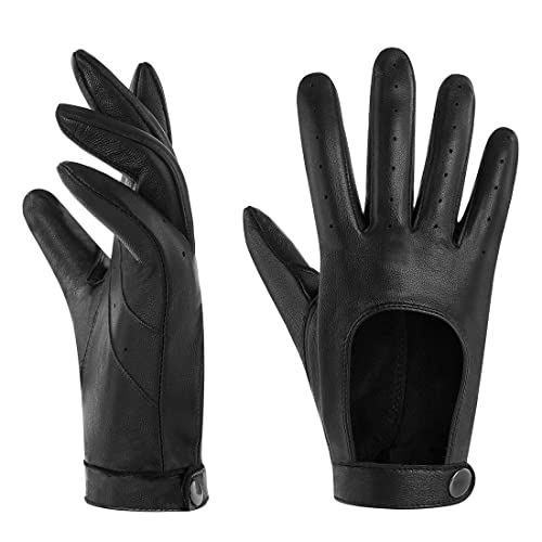 Harssidanzar Leder handschuhe für Damen,Touchscreen ungefüttert,dünne Lederhandschuhe aus Schaffell KL021EU, Schwarz, Größe M von Harssidanzar