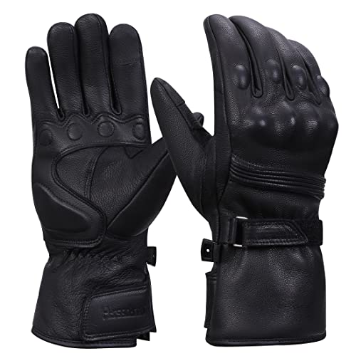 Harssidanzar Motorrad Handschuhe Herren,Winter echtes Leder Vollfinger Touchscreen Thermisch gefüttert mit Wasserdichten Thinsulate Motorrad Motorrad Reithandschuhen KM048,Schwarz,Größe L von Harssidanzar