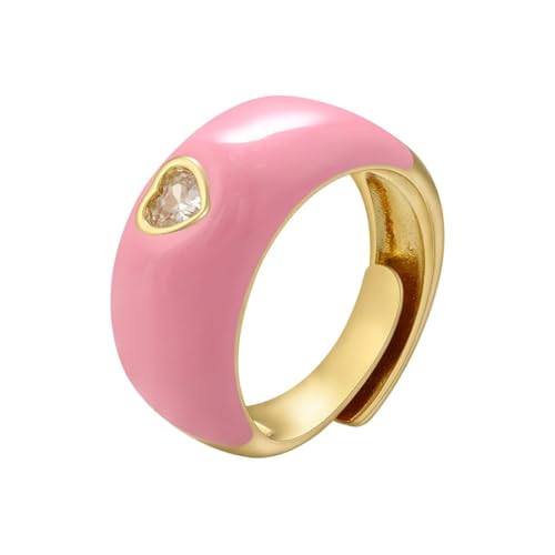 Hasdnker Ring Ringe Damen Bijouterie Herren Candy Color Heart Ring for Women Wide Enamel Opening Ring Personality Adjustable Cubic Zirconia Ring Pink von Hasdnker