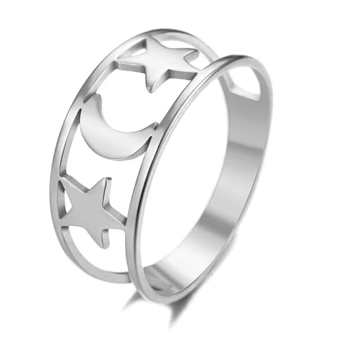 Hasdnker Ring Ringe Damen Bijouterie Herren Hohler Stern-Mond-Blumenring Für Damenmode, Persönlichkeit, Eleganz, Jubiläumsschmuck, 10 Starmoonsilver von Hasdnker