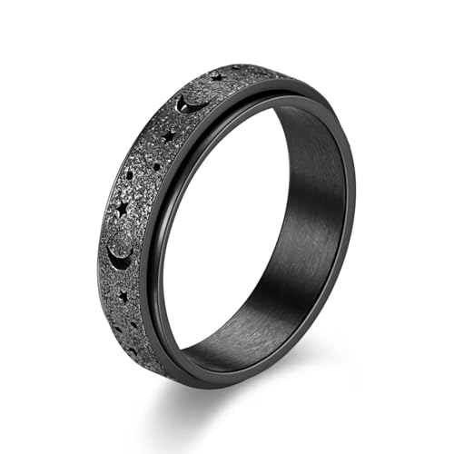 Hasdnker Ring Ringe Damen Bijouterie Herren Modischer Angstring In Regenbogen-Optik, Mond- Und Sternform, Für Damen Und Herren, Zappelring, Anti-Angst-Ring, Stressabbau-Spinner-Ring, 6 Schwarz von Hasdnker