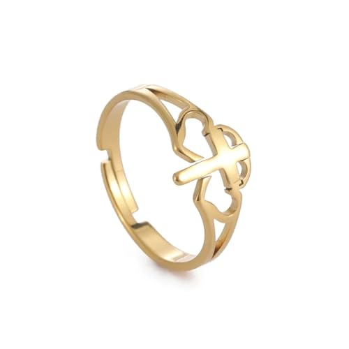 Hasdnker Ring Ringe Damen Bijouterie Herren Offener Ring Mit Jesuskreuz Und Liebe, Für Damen, Glaube, Christlicher Schutzengel, Modischer Partyschmuck, Verstellbar, E-Goldfarbe von Hasdnker