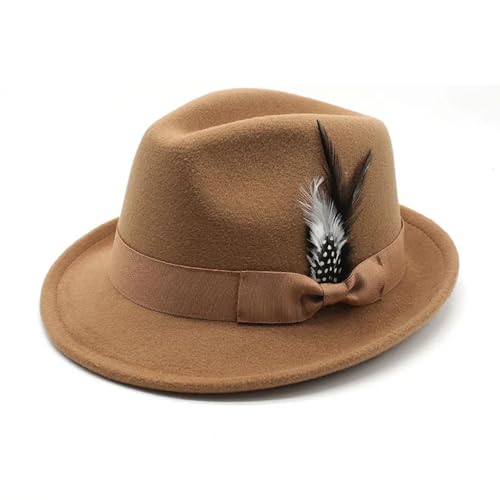 Hasdnker Strickmützen Hüte Mützen Caps Beanie Mütze Beanie Fedora-Kappe Für Damen Und Herren, Britischer Cup-Hut, Kleine Krempe, 4,5 cm, Baumwolle, Simulation Von Federdekoration, 57–58 cm, Khaki von Hasdnker