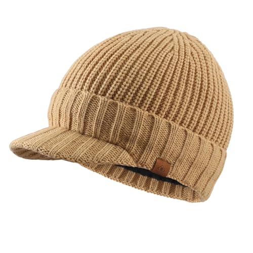 Hasdnker Strickmützen Hüte Mützen Caps Beanie Mütze Beanie Herren Outdoor Newsboy Mütze Winter Weiche Warme Mütze Dick Gestrickte Krempe Beanie Alltagsmütze Mit Schirm 58-60Cm Khaki von Hasdnker