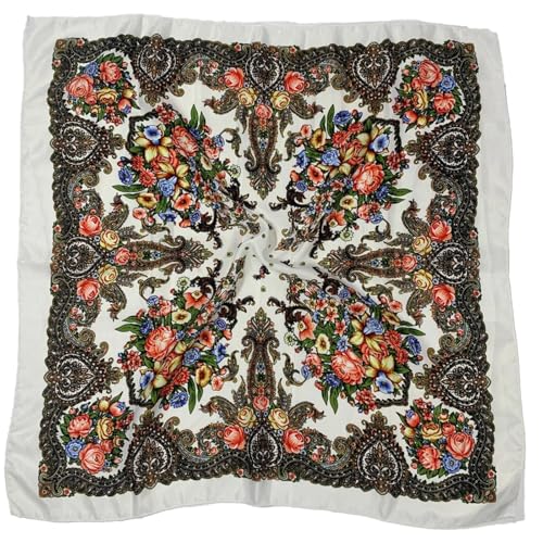 Schals Tücher Halstuch Scarf 70 * 70Cm Schal Im Russischen Stil Mit Blumendruck Luxus Frauen Quadratisches Bandana Ukrainisch Weibliches Stirnband Schal Taschentuch Kopfwickel Weiß von Hasdnker