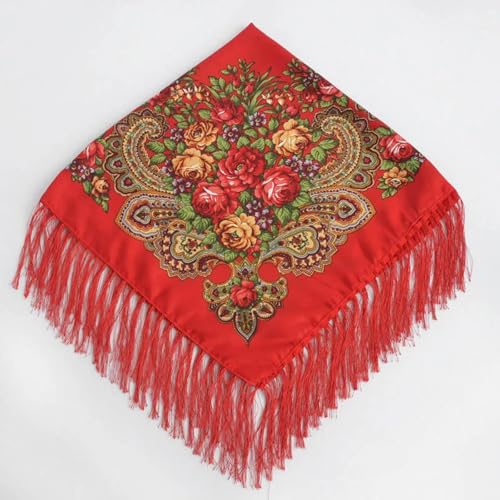 Schals Tücher Halstuch Scarf Damen Luxus Blumendruck Russischer Schal Ukrainisch Fransen Quadratische Schals Babuschka Taschentuch Kopftuch Reiseschal Rot von Hasdnker