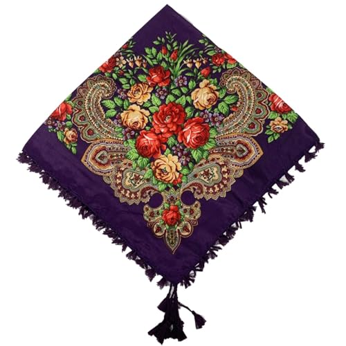 Schals Tücher Halstuch Scarf Russischer Quadratischer Schal Mit Blumenmuster Für Damen, Traditioneller Ukrainischer Bandana-Schal Mit Fransen, Babuschka-Taschentuch, Kopftuch Für Damen, Viol von Hasdnker