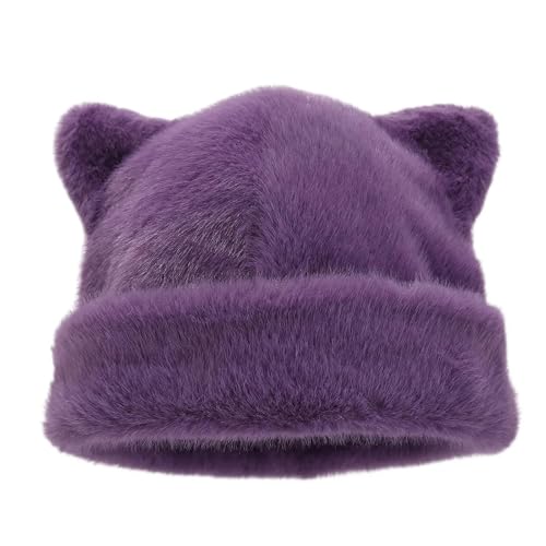 Strickmützen Hüte Mützen Caps Beanie Mütze Beanie Mode Katze Schwarz Weiß Hut Frauen Herbst Winter Warme Mützen Süße Katze Ohr Skullies Weibliche Beanie Caps 56-58Cm Lila von Hasdnker