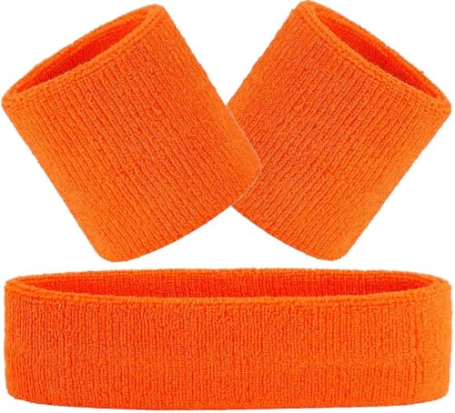 Hatstar 3-teiliges Schweißband Set | 1x Stirnband + 2x Schweißbänder für Handgelenke | Sport Stirnband Damen & Herren | Accessoire für Karneval & Fasching | Headband Wristband für Jugendliche (orange) von Hatstar