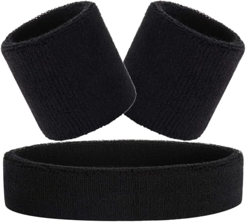 Hatstar 3-teiliges Schweißband Set | Schweißbänder für Handgelenk und Kopf | Stirnband für Damen & Herren (schwarz) von Hatstar