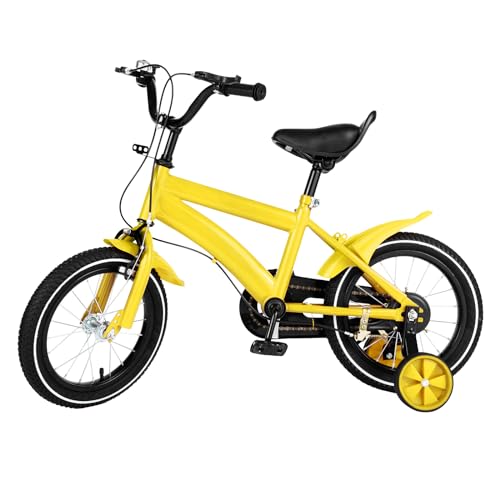 HauTour Kinderfahrrad 14 Zoll Kinderfahrrad Fahrrad mit Hilfsrädern Kinderfahrrad, Lenkrad und Sattel höhenverstellbar für 3-6 Jahre (Gelb) von HauTour