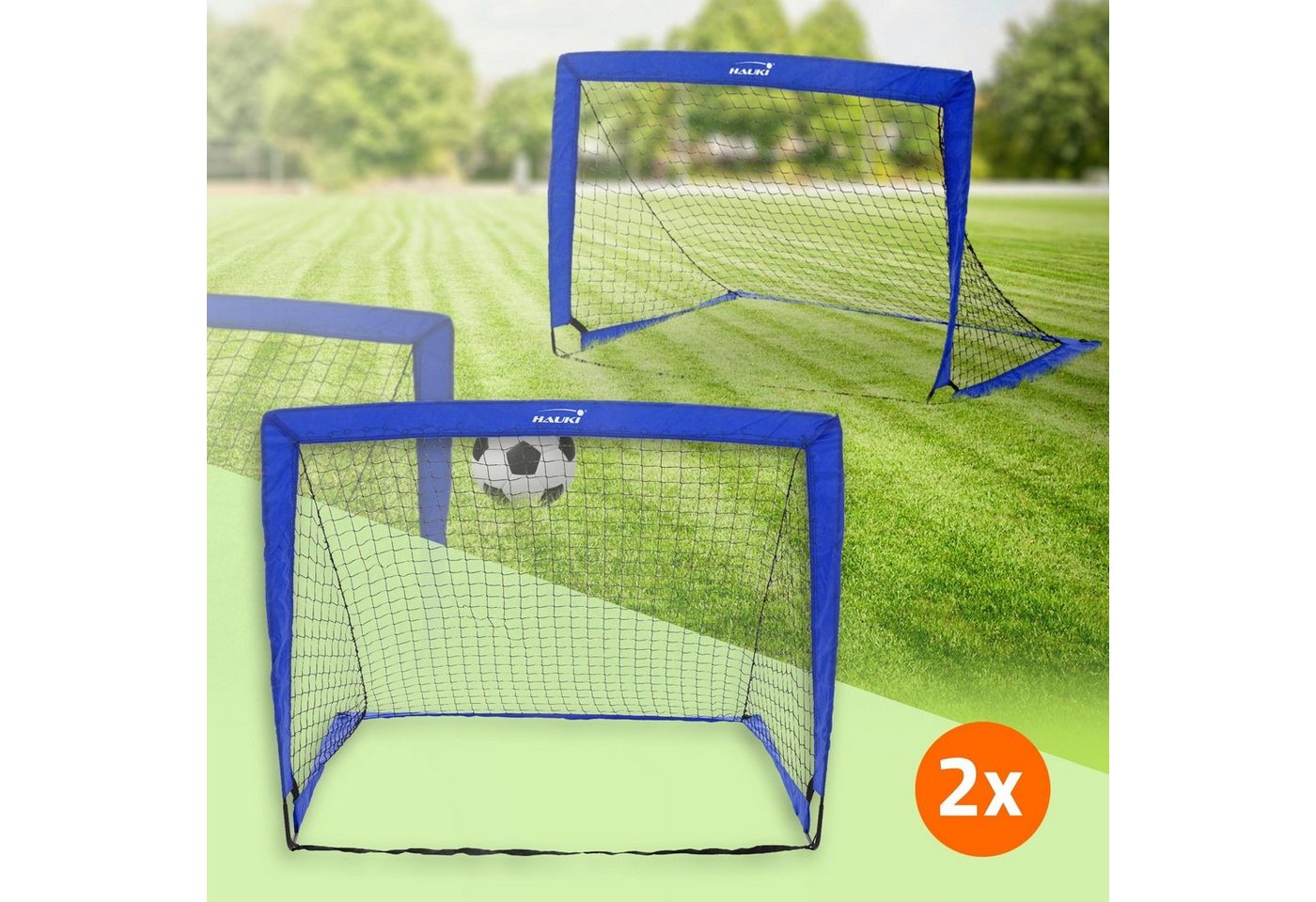 Hauki Fußballtor Training Fußballnetz Pop Up Tore (2er Set), 2er Set 120x95x97cm Blau Klappbar für den Garten & Park mit Tasche von Hauki