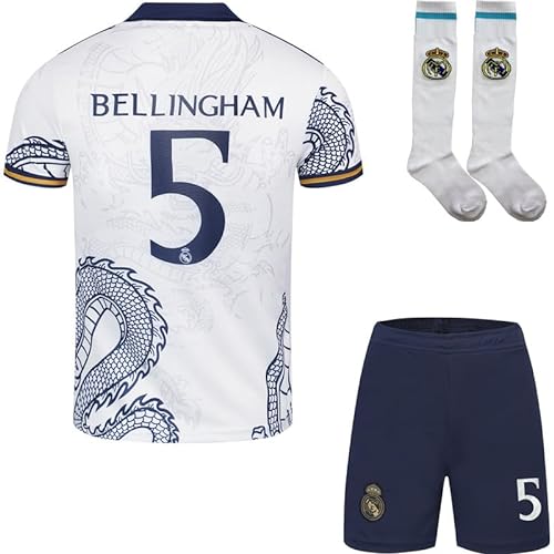 Hawkara R. Madrid Bellingham #5 Kinder Trikot Fußball Spezielle Golddrachen-Edition, Shorts Socken Jugendgrößen (Weiß,28) von Hawkara