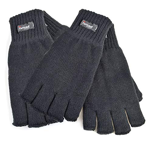 HeatGuard 2 Paar Herren Fingerlose Handschuhe Schwarz Thermo 3M Thinsulate Futter Dick Stretch Wintersport - Schwarz, M/L von Heatguard