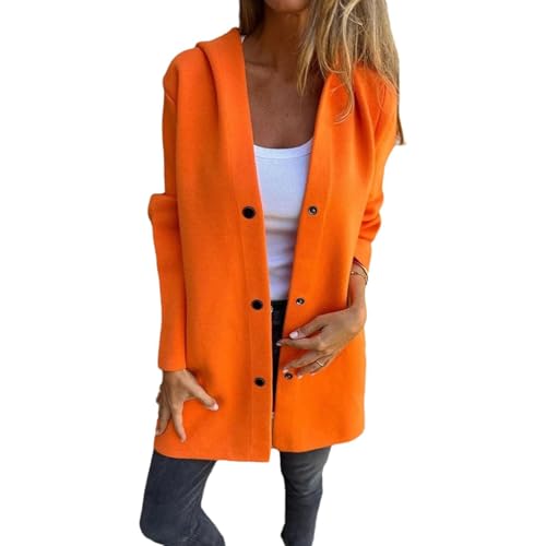 Casual Single Breasted Hooded Jacket Women, Shawl Collar Winter Long Sleeve Lapel Button Up Long Coats (Orange,L) von Hehuo