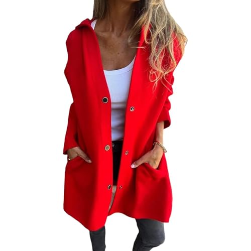 Casual Single Breasted Hooded Jacket Women, Shawl Collar Winter Long Sleeve Lapel Button Up Long Coats (Red,3XL) von Hehuo