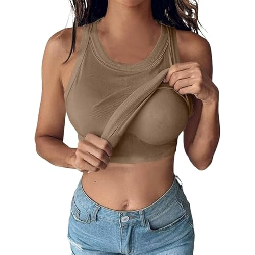 Zenith Ribbed Tank Top Built in Bra, Chicme Tank Top with Bra, Chic-Me Tank Tops for Women Built in Bra (Khaki,XXL) von Hehuo