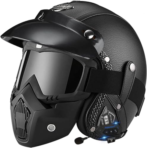 Bluetooth Jethelme Motorradhalbhelm Rollerhelm Scooter Sturzhelm Chopper Helm Motorradhelm Halbschalenhelm DOT/ECE Approved mit Brille Sonnenblende für Damen Herren Erwachsene 13,S von Hejunlian