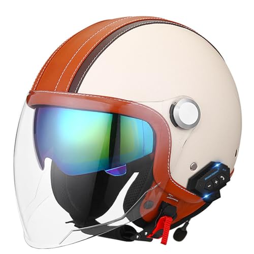 Bluetooth Vintage Deluxe Jet-Helm Motorrad-Helm Roller-Helm Scooter-Helm Moped Mofa-Helm Halbhelme Chopper Retro Pilot Biker Mit Visier ECE Genehmigt Für Erwachsene Männer Frauen 7,M=57~58cm von Hejunlian