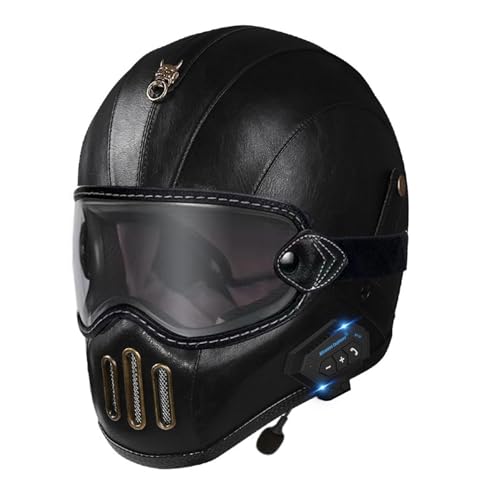 Full face Motorrad Helm Vintage Bluetooth Integralhelm Motorrad Scooter Retro Classic Crash Racing Touring ECE-geprüfter Helm,Atmungsaktiv und Warm für Erwachsene Männer Women 24,L=59~60cm von Hejunlian