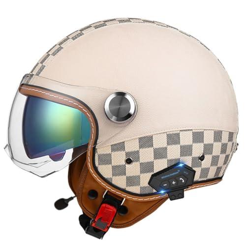 German Vintage Jethelm Bluetooth ECE/DOT Zertifizierung Motorradhelm Halbschalenhelm mit Brille Retro PU-Leder Half Helm Moped Helm für Cruiser Moped Chopper Scooter Jet-Helm 13,L=59~60cm von Hejunlian