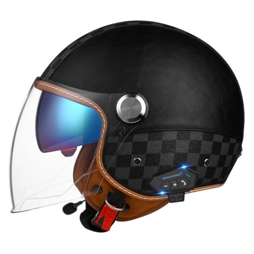 German Vintage Jethelm Bluetooth ECE/DOT Zertifizierung Motorradhelm Halbschalenhelm mit Brille Retro PU-Leder Half Helm Moped Helm für Cruiser Moped Chopper Scooter Jet-Helm 2,XXL=63~64cm von Hejunlian