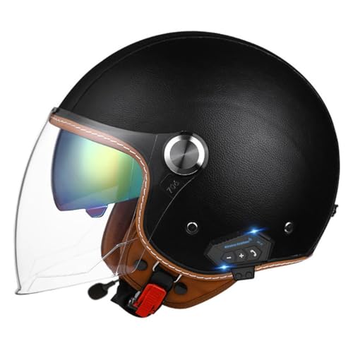 German Vintage Jethelm Bluetooth ECE/DOT Zertifizierung Motorradhelm Halbschalenhelm mit Brille Retro PU-Leder Half Helm Moped Helm für Cruiser Moped Chopper Scooter Jet-Helm 4,XXL=63~64cm von Hejunlian