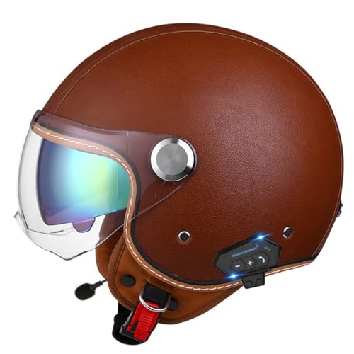 German Vintage Jethelm Bluetooth ECE/DOT Zertifizierung Motorradhelm Halbschalenhelm mit Brille Retro PU-Leder Half Helm Moped Helm für Cruiser Moped Chopper Scooter Jet-Helm 5,M=57~58cm von Hejunlian